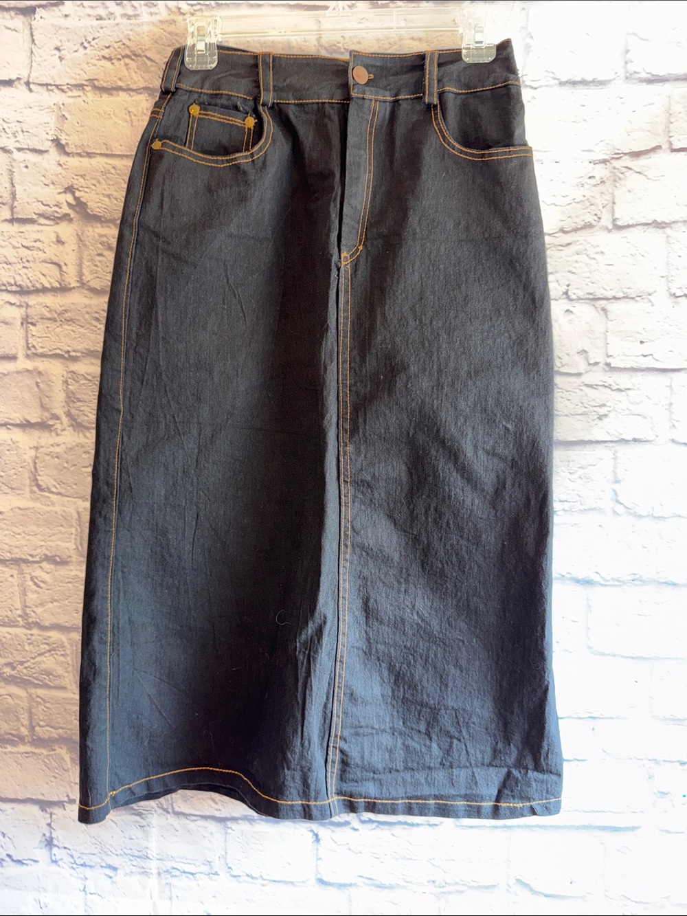 Lucy Black Denim Midi Skirt with Contrast Stitching